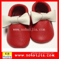 2015 China stylish flat red bow child moccasins handmade leather baby shoes